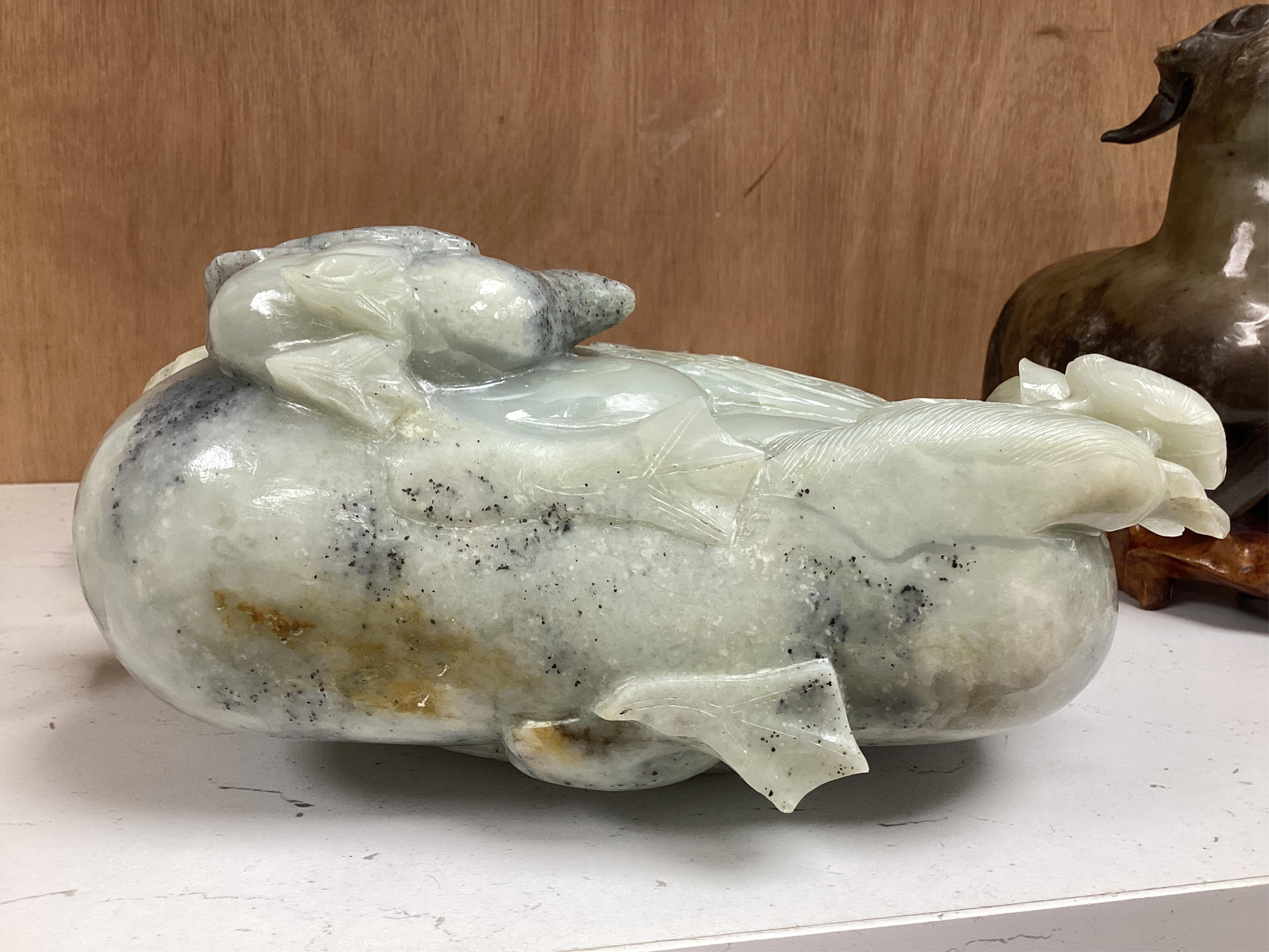 Two modern jade figures, together with a marble Buddha and a carved giltwood figure, largest 24cm wide